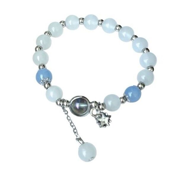 Milky White & Blue Beaded Bracelet with Star Charm for Kids or Teens - Picture 1 of 10